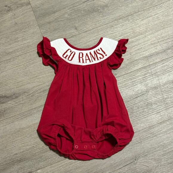 Busy Bees Smocks GO RAMS! Red Smocked Bubble Romper Size 9M Baby Game Day - Picture 2 of 5